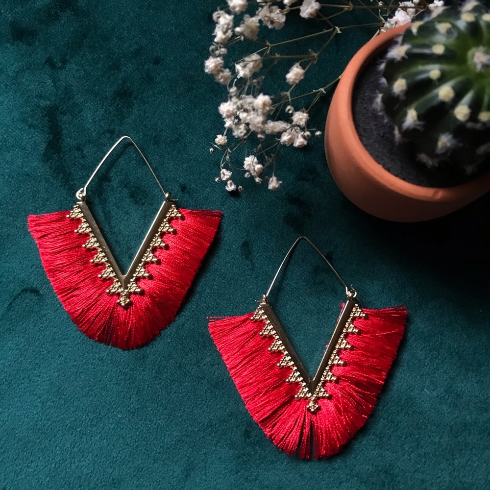 Red Ruby V Shape Fringe Earrings